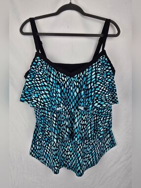 Catherines Printed Blue Layered Ruffled Padded Beach Tropical Tankini Top sz 20W